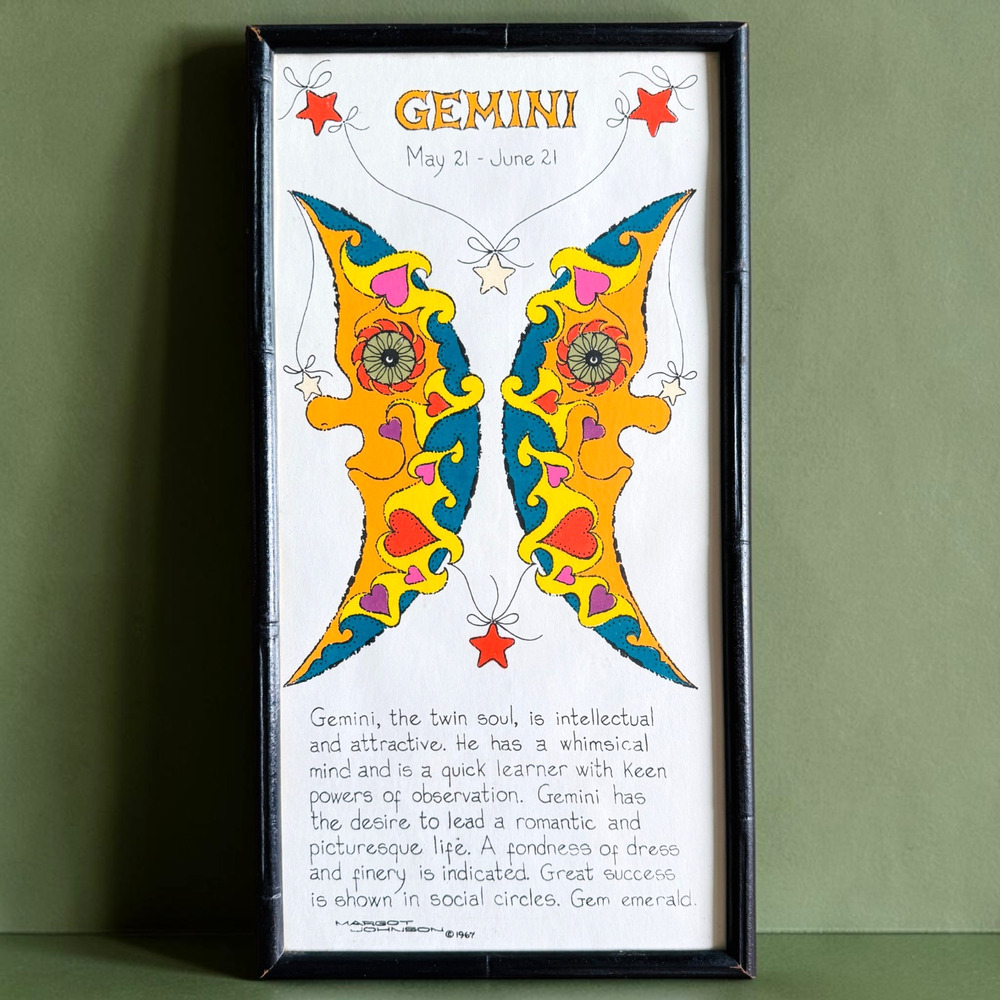 Framed Margot Johnson Zodiac GEMINI Print Vintage 1967 Groovy Pop Art MCM 9 x 17